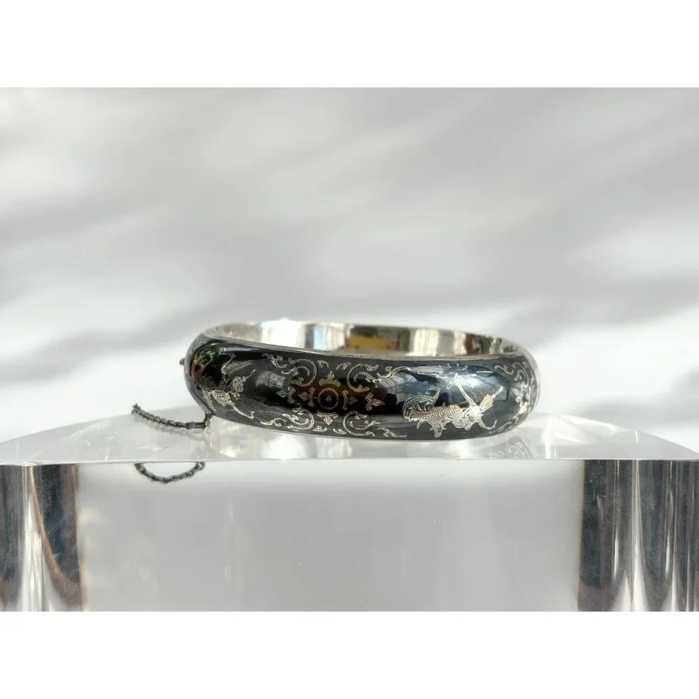 Siam Sterling Silver 925 Hand Carved Hinged Enclosure Vintage Bangle Bracelet - Picture 3 of 16